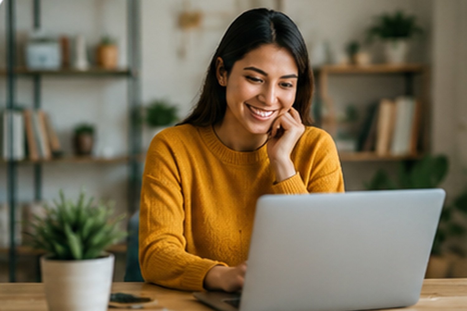 Woman working on a laptop at home