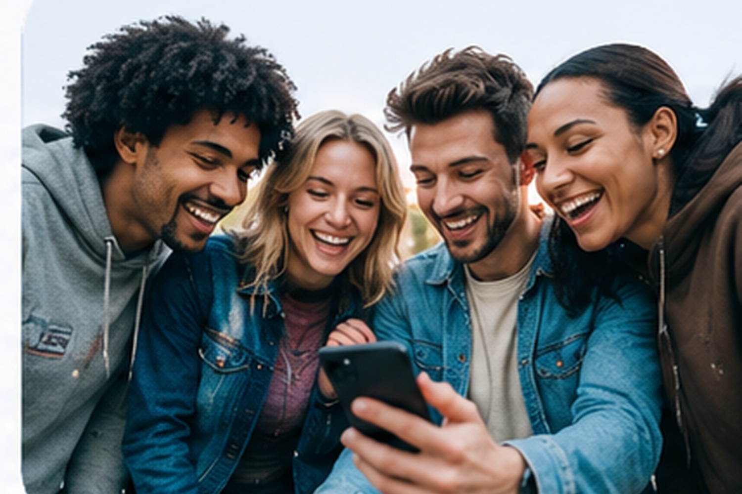 Friends sharing a photo on a phone